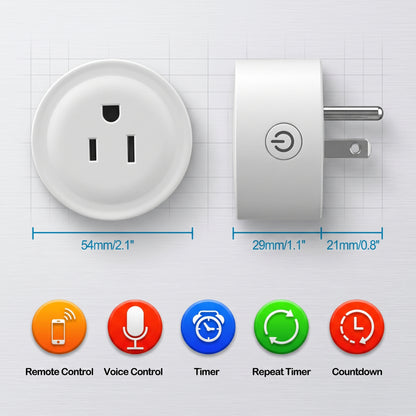 This image displays a white smart plug from two angles, showing its dimensions: 54mm/2.1", 29mm/1.1", 21mm/0.8". Below are icons detailing features: Remote Control, Voice Control, Timer, Repeat Timer, and Countdown.