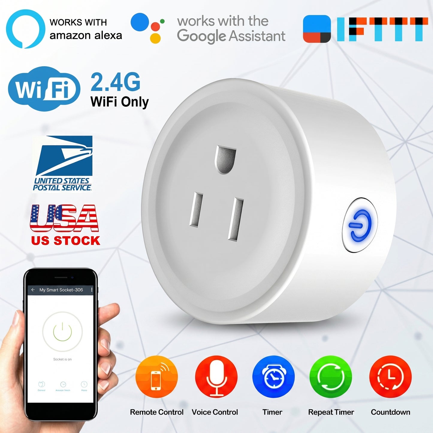 A white smart plug for "US STOCK". Works with "amazon alexa", "Google Assistant", "Wi Fi 2.4G WiFi Only". Features: "Remote Control", "Voice Control", "Timer", "Countdown".