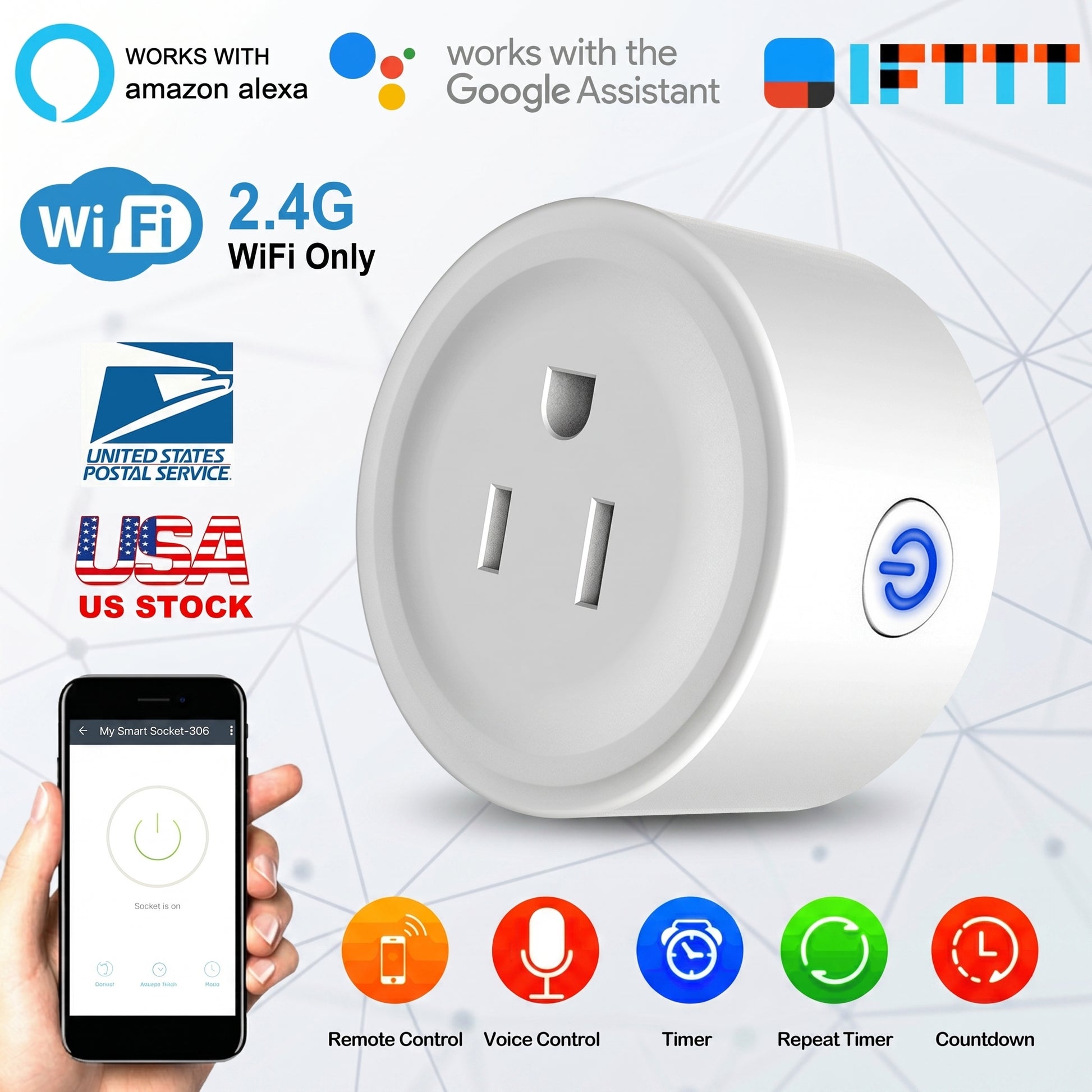 A white smart plug for "US STOCK". Works with "amazon alexa", "Google Assistant", "Wi Fi 2.4G WiFi Only". Features: "Remote Control", "Voice Control", "Timer", "Countdown".