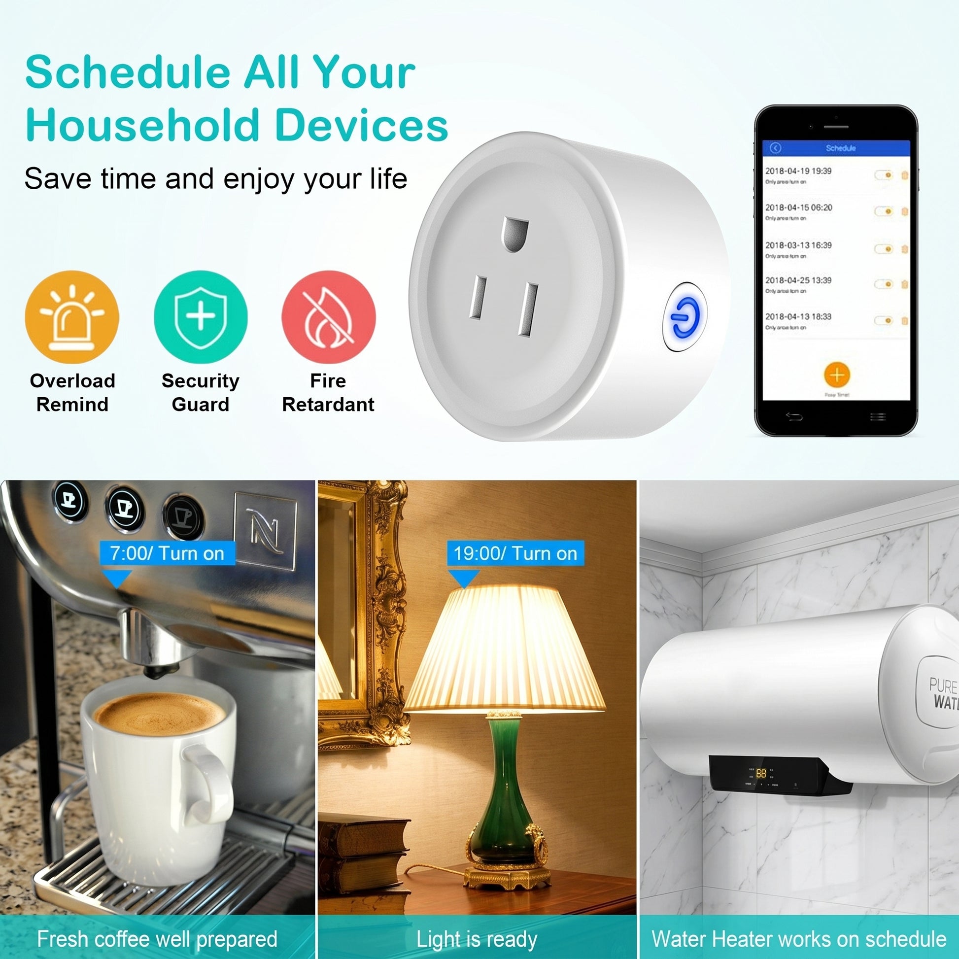 A smart plug product image promotes 'Schedule All Your Household Devices,' showing app scheduling and features like 'Overload Remind,' 'Security Guard,' and 'Fire Retardant.'