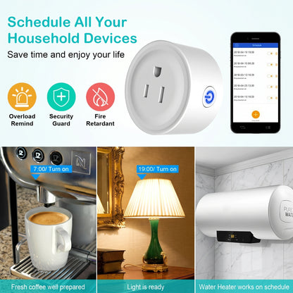 A smart plug product image promotes 'Schedule All Your Household Devices,' showing app scheduling and features like 'Overload Remind,' 'Security Guard,' and 'Fire Retardant.'