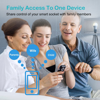 An image shows three family members sharing control of a smart device via an app. Text: "Family Access To One Device", "Share control of your smart socket with family members".