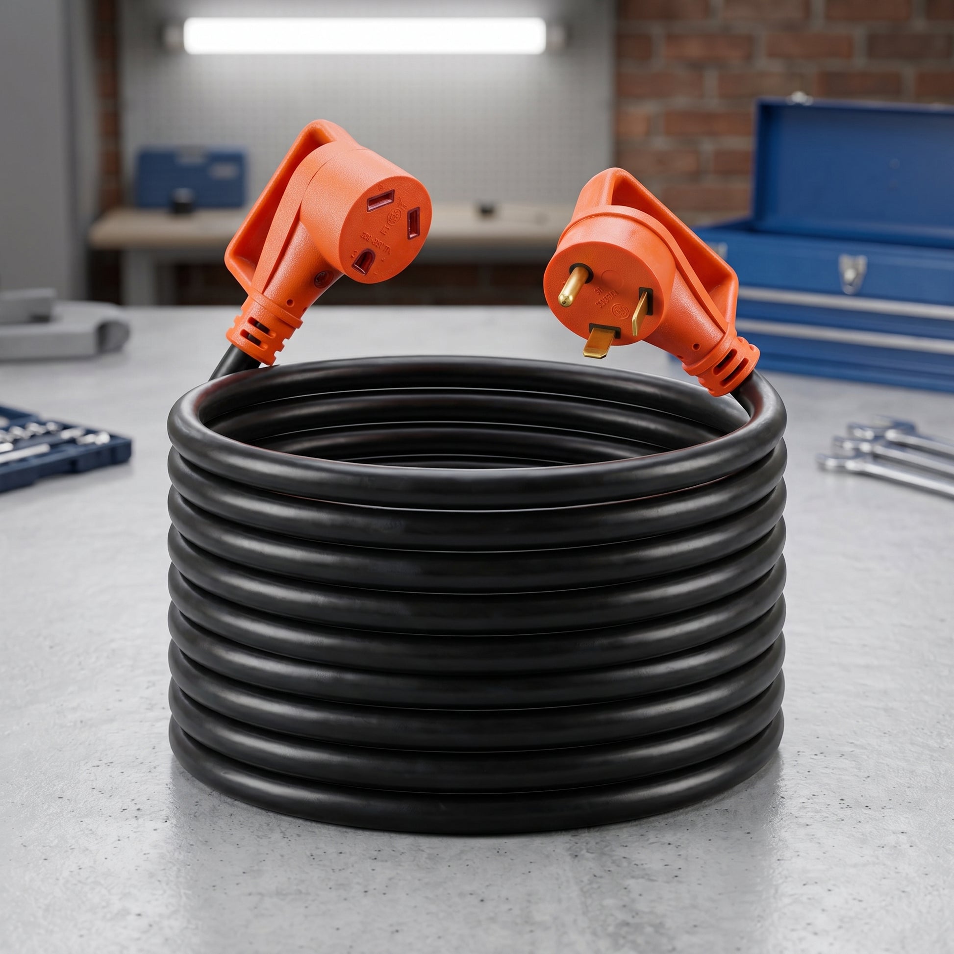 A black 75-foot RV extension cord is neatly coiled on a grey workbench. Its orange male plug and female TT-30 connector ends stand upright.