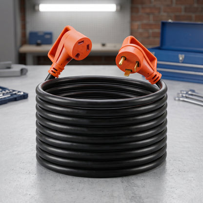 A black 75-foot RV extension cord is neatly coiled on a grey workbench. Its orange male plug and female TT-30 connector ends stand upright.