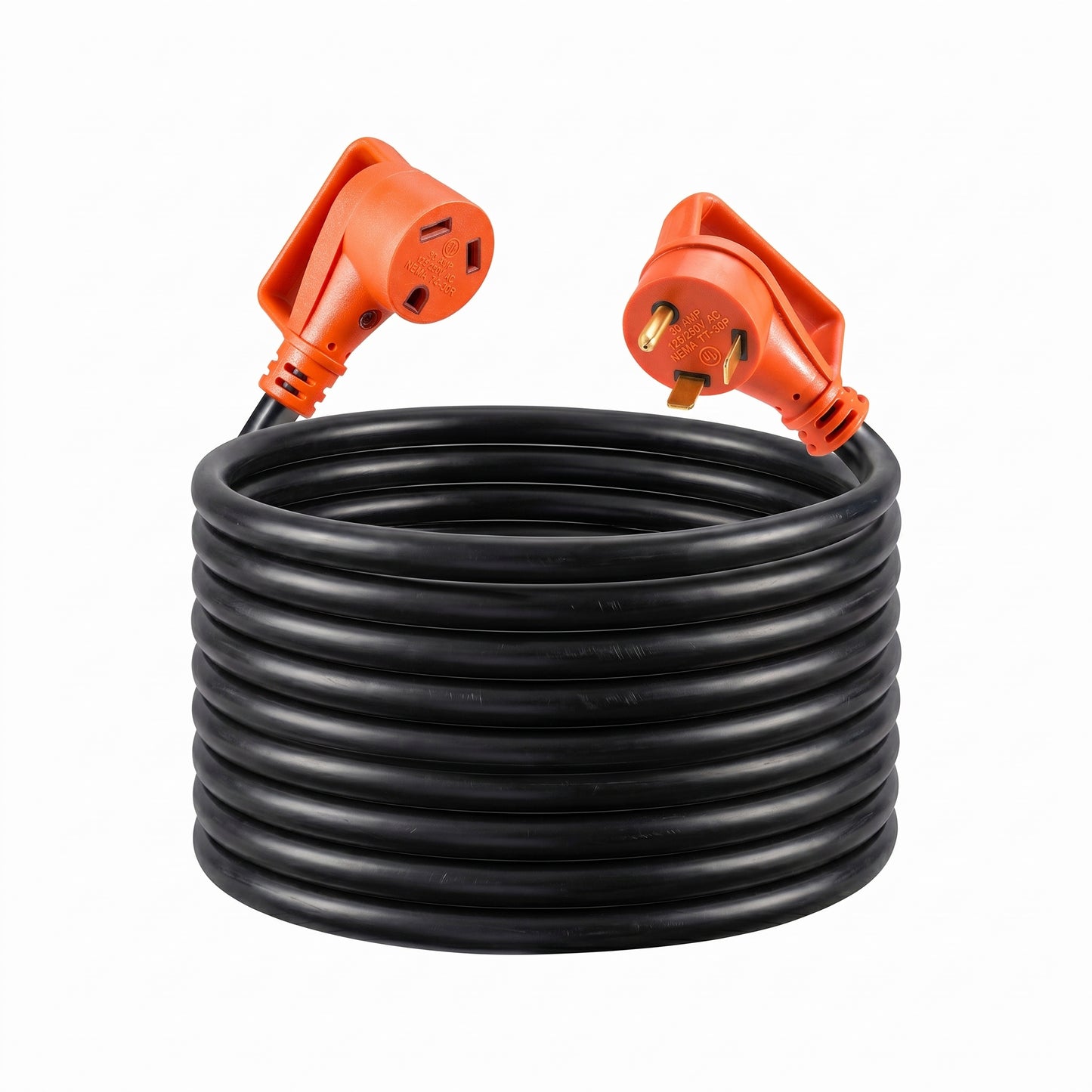 A neatly coiled black RV extension cord features angled orange 30A TT-30 male and female connectors extending from each end.