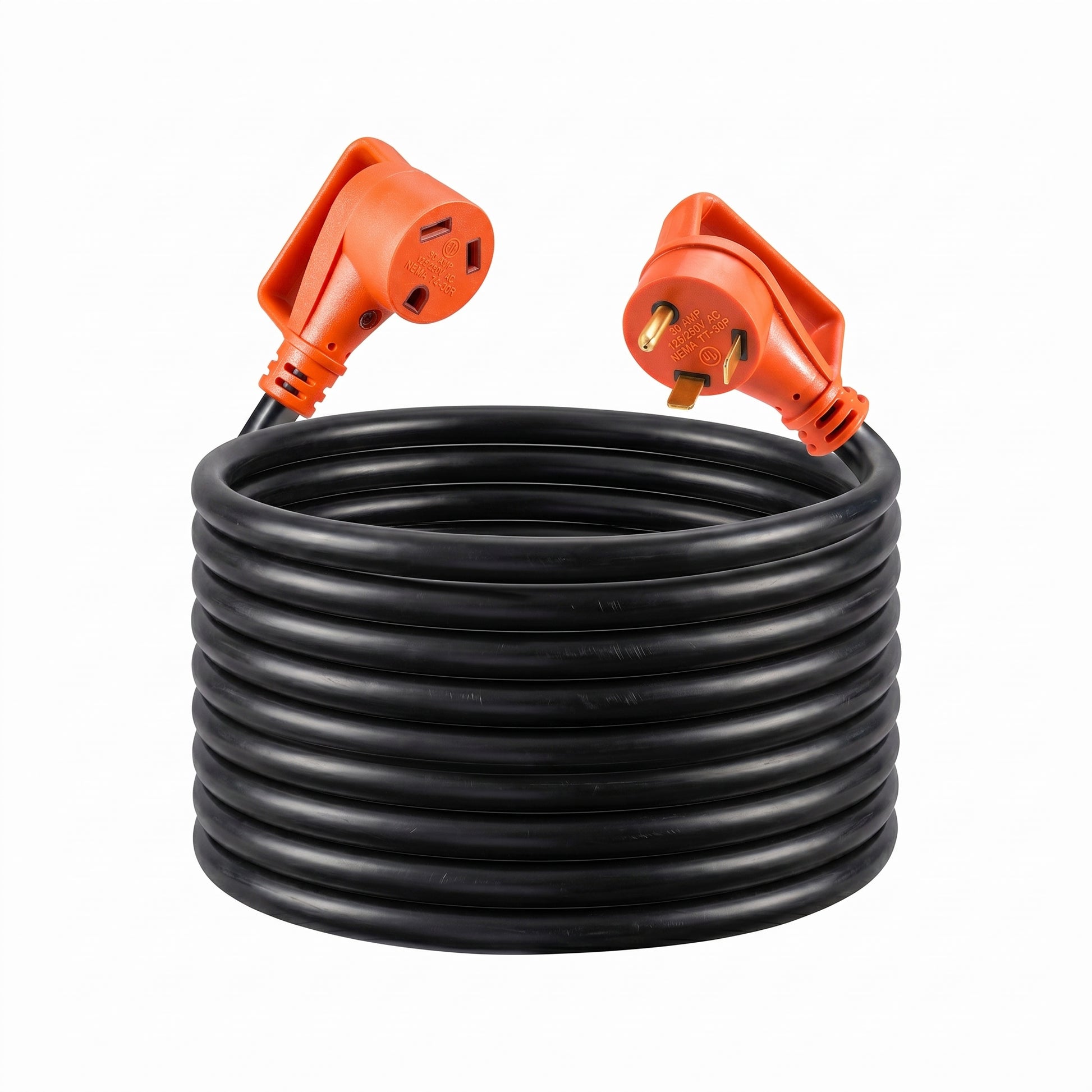 A neatly coiled black RV extension cord features angled orange 30A TT-30 male and female connectors extending from each end.