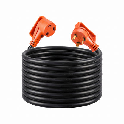 A neatly coiled black RV extension cord features angled orange 30A TT-30 male and female connectors extending from each end.