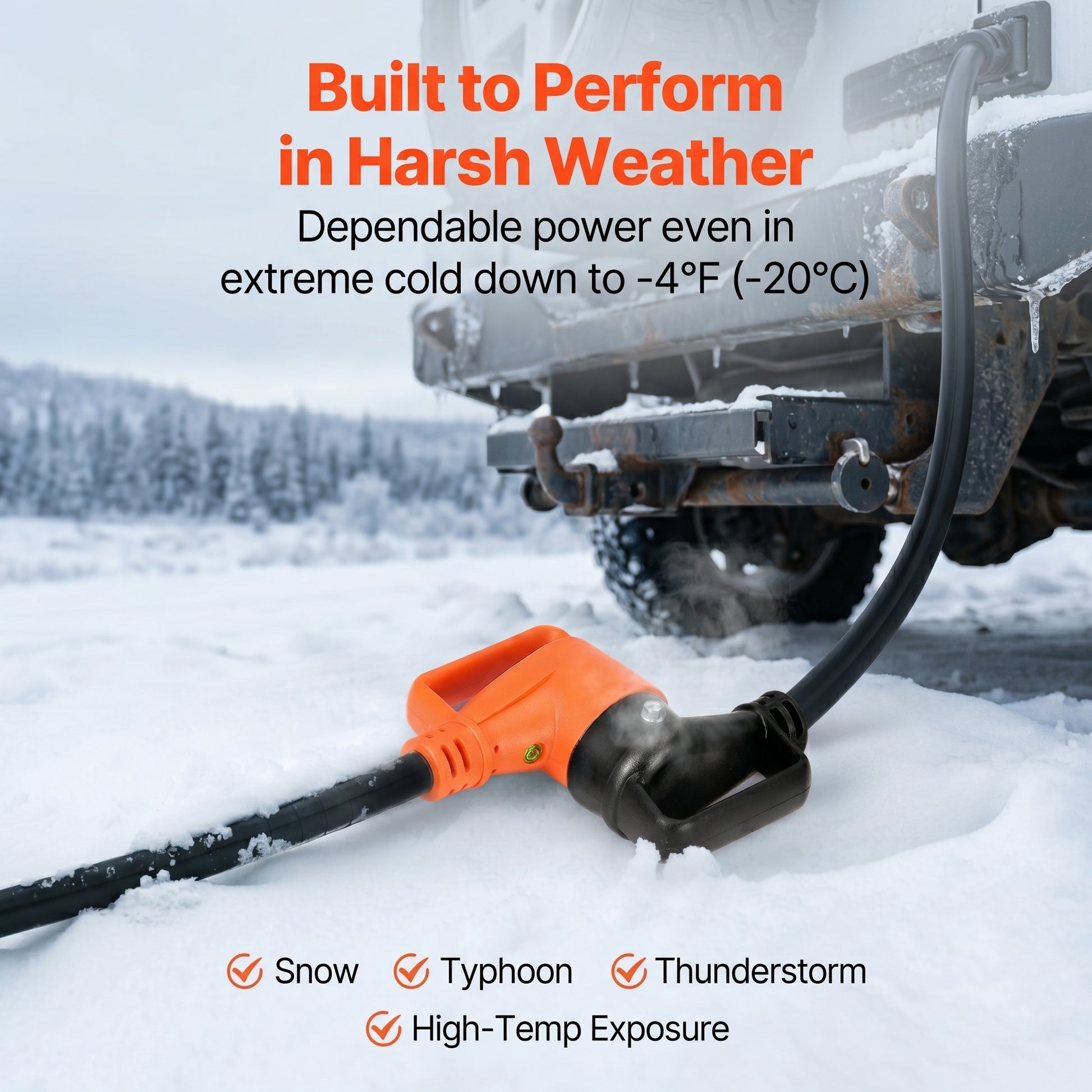 An orange RV extension cord connector and cable lie in deep snow, with a vehicle in a winter landscape behind it. Built to Perform in Harsh Weather. Dependable power even in extreme cold down to -4°F (-20°C). Snow, Typhoon, Thunderstorm, High-Temp Exposure.