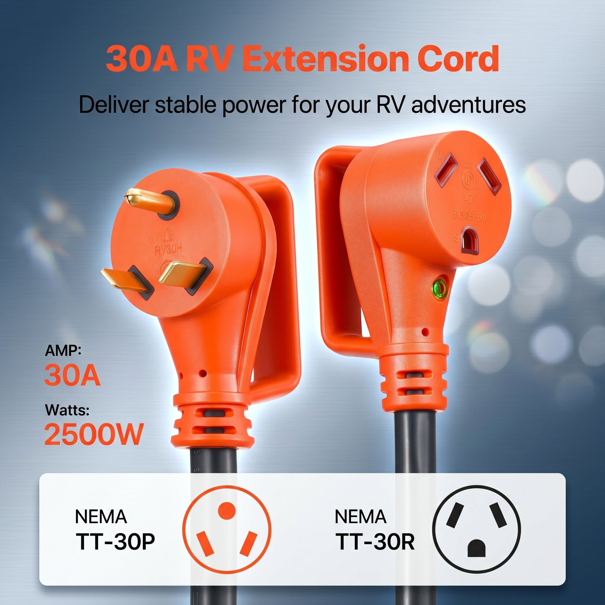 An orange 30A RV extension cord with NEMA TT-30P and TT-30R connectors. Text identifies it as a 30A RV Extension Cord, 30A, 2500W.
