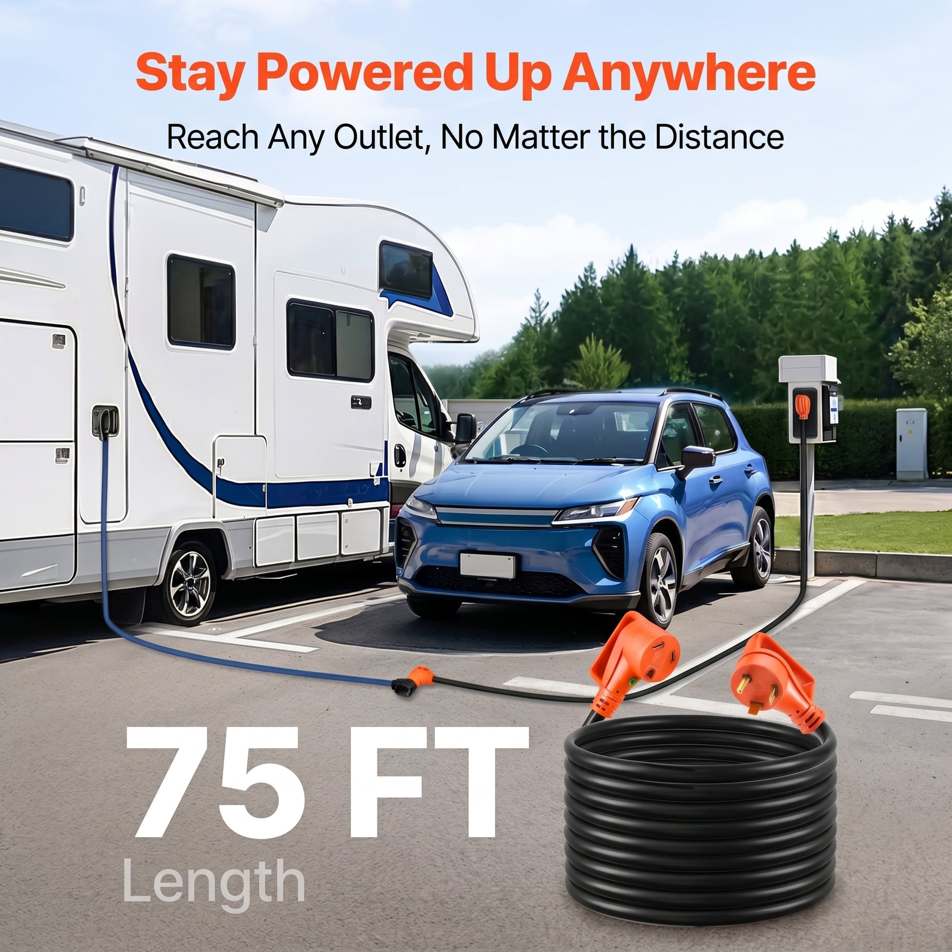 A black 75 FT RV extension cord with orange plugs connects an RV and a blue car to outdoor power outlets. Text reads: Stay Powered Up Anywhere, Reach Any Outlet, No Matter the Distance, 75 FT Length.
