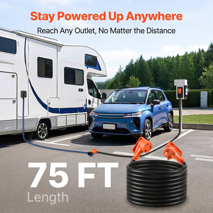 A black 75 FT RV extension cord with orange plugs connects an RV and a blue car to outdoor power outlets. Text reads: Stay Powered Up Anywhere, Reach Any Outlet, No Matter the Distance, 75 FT Length.