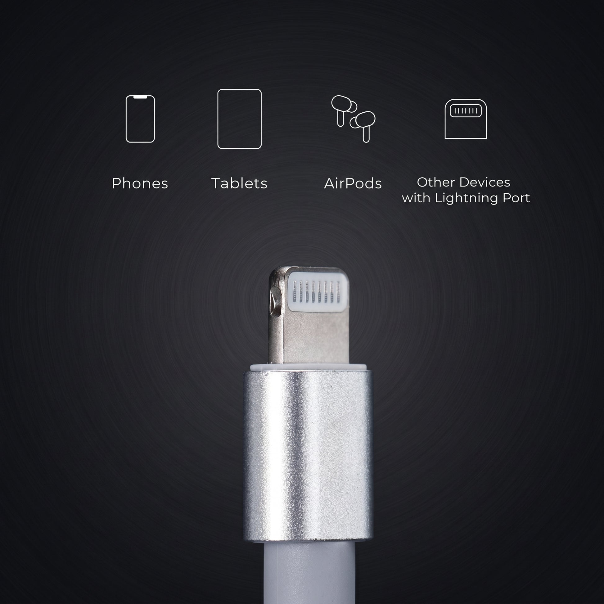 A close-up shows a silver Lightning cable connector against a dark background, with icons and text indicating compatibility: Phones, Tablets, AirPods, Other Devices with Lightning Port.