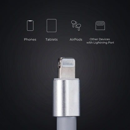 A close-up shows a silver Lightning cable connector against a dark background, with icons and text indicating compatibility: Phones, Tablets, AirPods, Other Devices with Lightning Port.