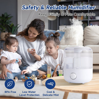 A white humidifier emitting mist, with a mother and two children playing in the background. Text: "Safety & Reliable Humidifier Keep Family & Pets Comfortable," "BPA Free," "Low Water Level Protection," "Cool & Delicate Mist.