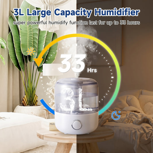 A humidifier sits on a table, with a day-to-night background. Text: 3L Large Capacity Humidifier, super powerful humidify function last for up to 33 hours. "33 Hrs" is prominently displayed.