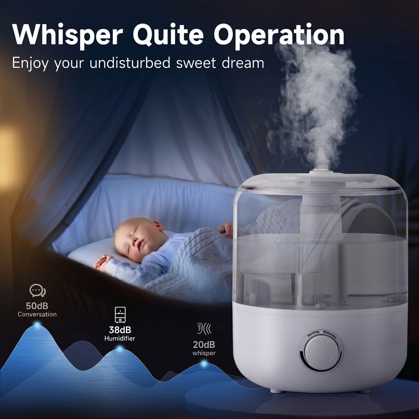 Whisper Quite Operation. A white humidifier emits mist next to a sleeping baby, highlighting its quiet 20dB operation. Enjoy your undisturbed sweet dream.