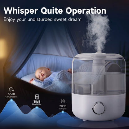 Whisper Quite Operation. A white humidifier emits mist next to a sleeping baby, highlighting its quiet 20dB operation. Enjoy your undisturbed sweet dream.