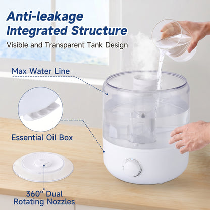 A white humidifier showcases its "Anti-leakage Integrated Structure" and "Visible and Transparent Tank Design." Key features highlighted are the "Essential Oil Box" and "360° Dual Rotating Nozzles.