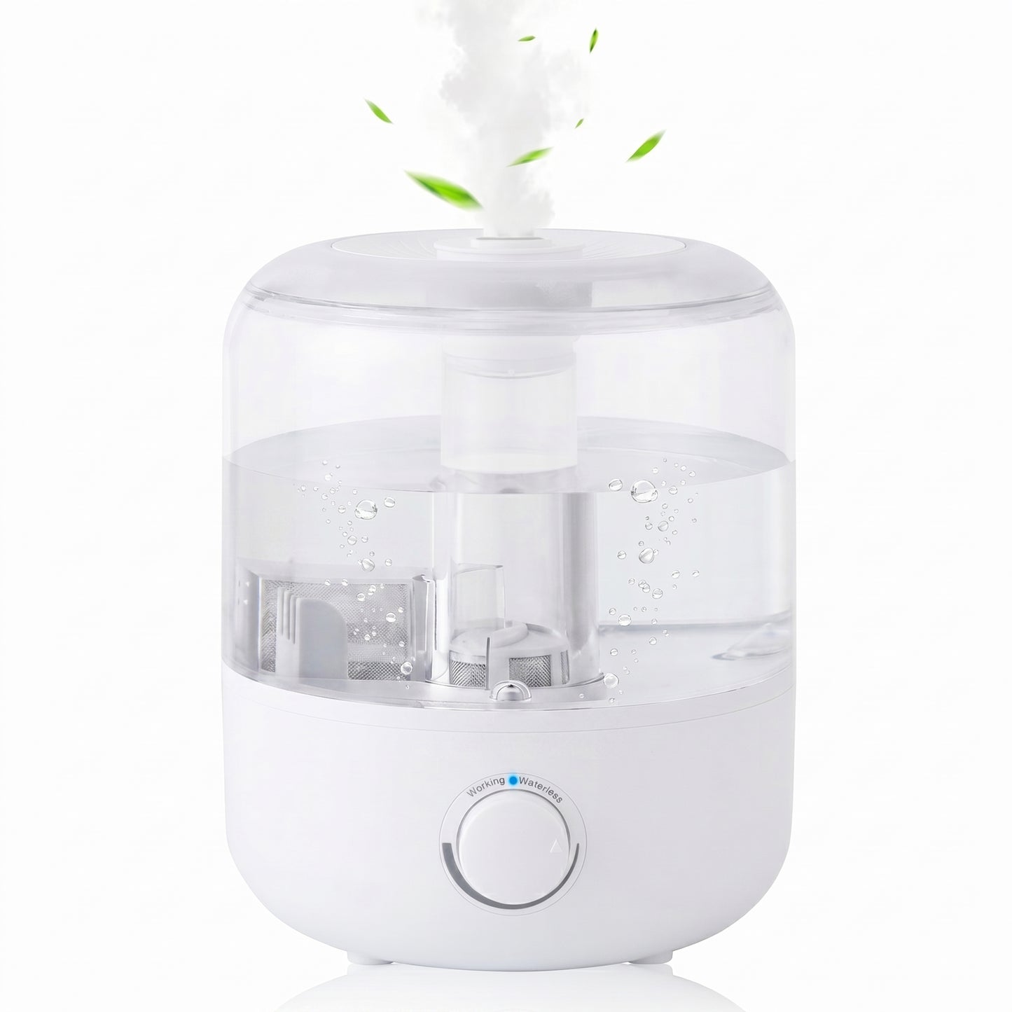 A Zainzio 3L Mechanical Humidifier, white and clear, with mist and green leaves rising from the top. The dial displays "Working" and "Waterless" indicators.