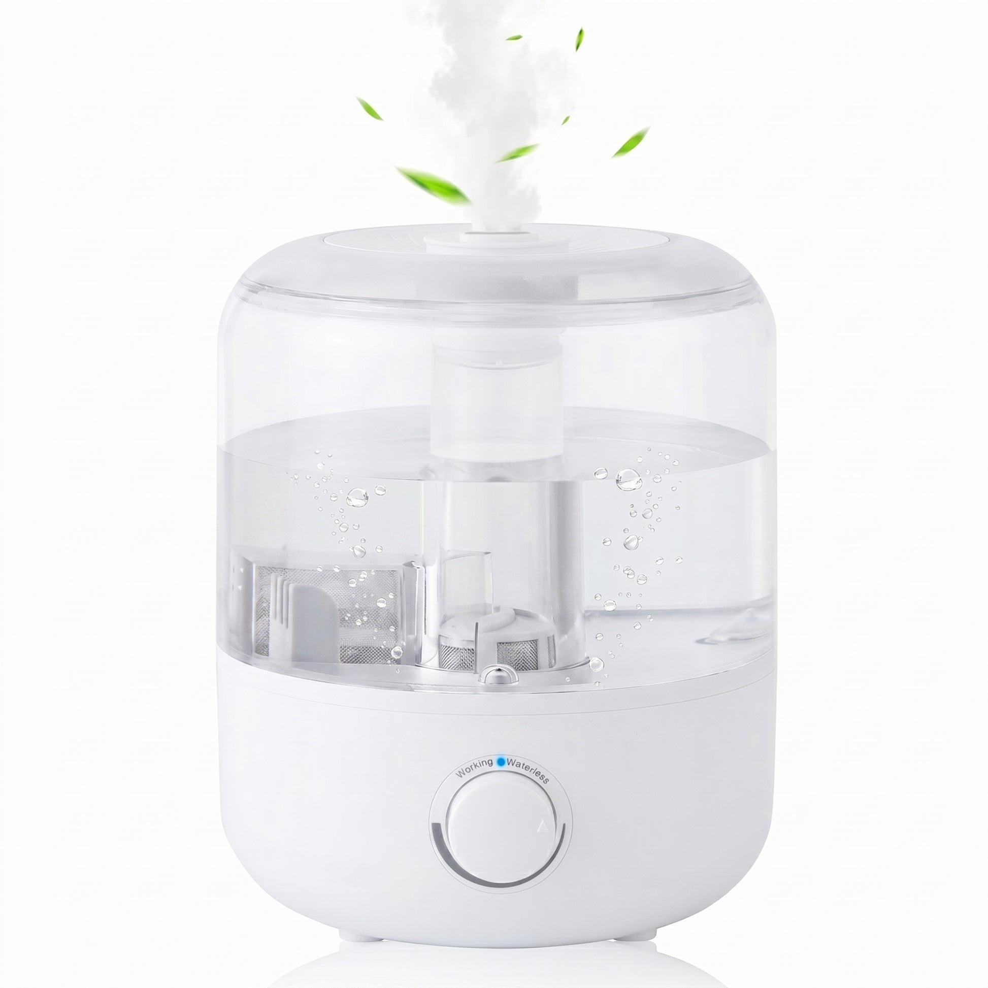 A Zainzio 3L Mechanical Humidifier, white and clear, with mist and green leaves rising from the top. The dial displays "Working" and "Waterless" indicators.