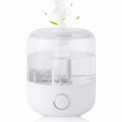 A Zainzio 3L Mechanical Humidifier, white and clear, with mist and green leaves rising from the top. The dial displays "Working" and "Waterless" indicators.