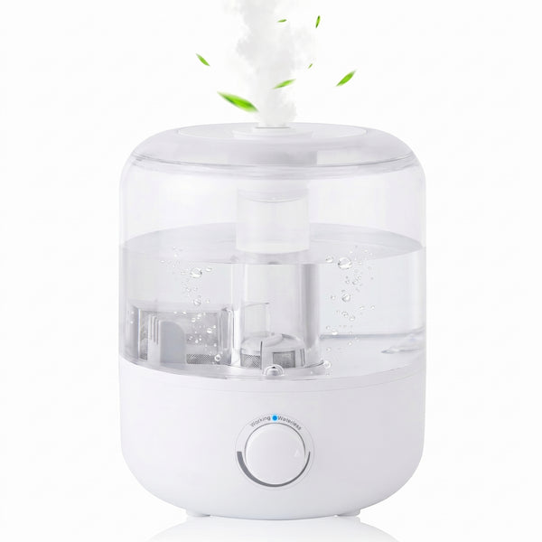 A Zainzio 3L Mechanical Humidifier, white and clear, with mist and green leaves rising from the top. The dial displays "Working" and "Waterless" indicators.