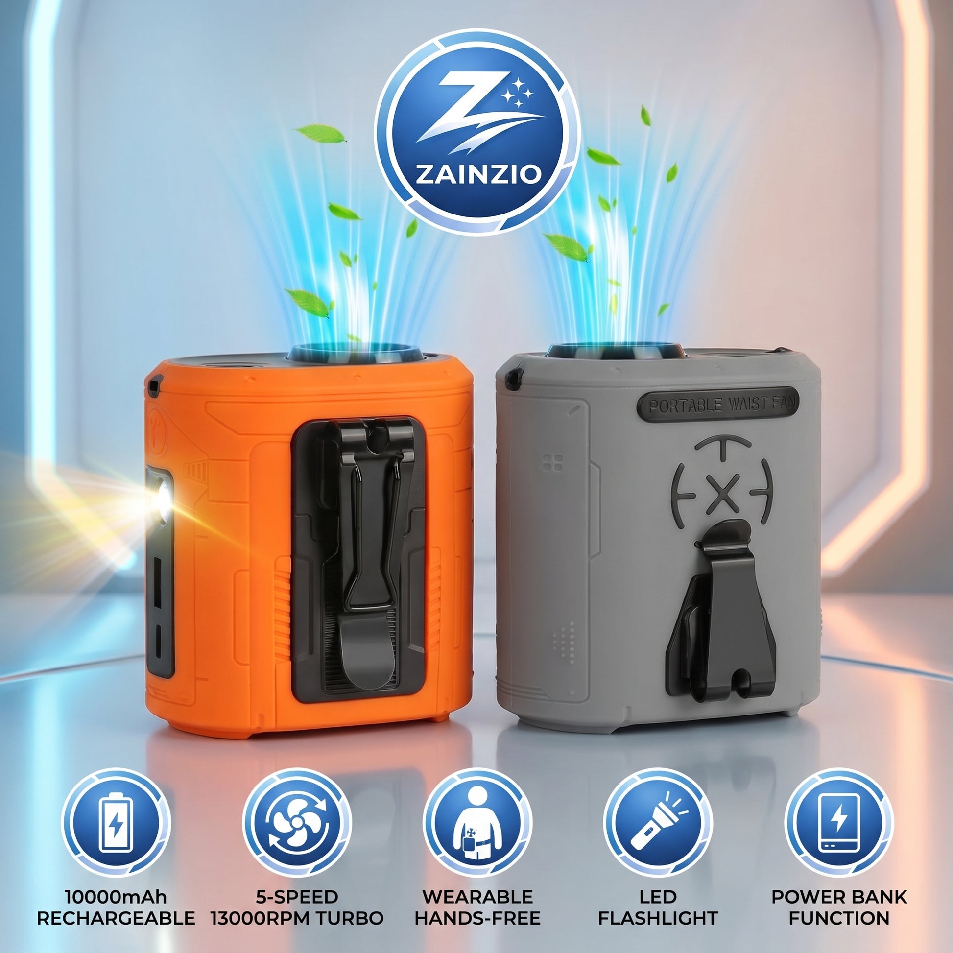 Two portable devices, one orange and one gray, with Zainzio branding on a reflective surface.