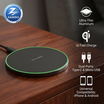 Wireless charging pad on a wooden surface with Zainzio branding and features listed.