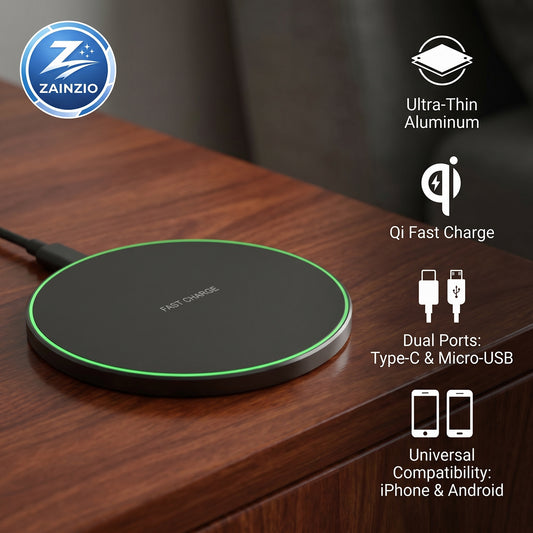 Wireless charging pad on a wooden surface with Zainzio branding and features listed.
