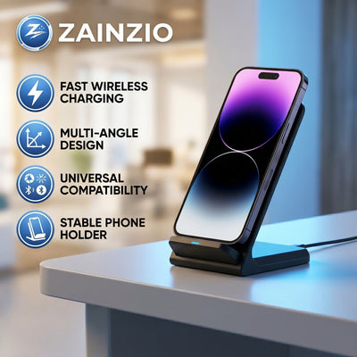 Zainzio wireless charging stand with smartphone on a blurred indoor background