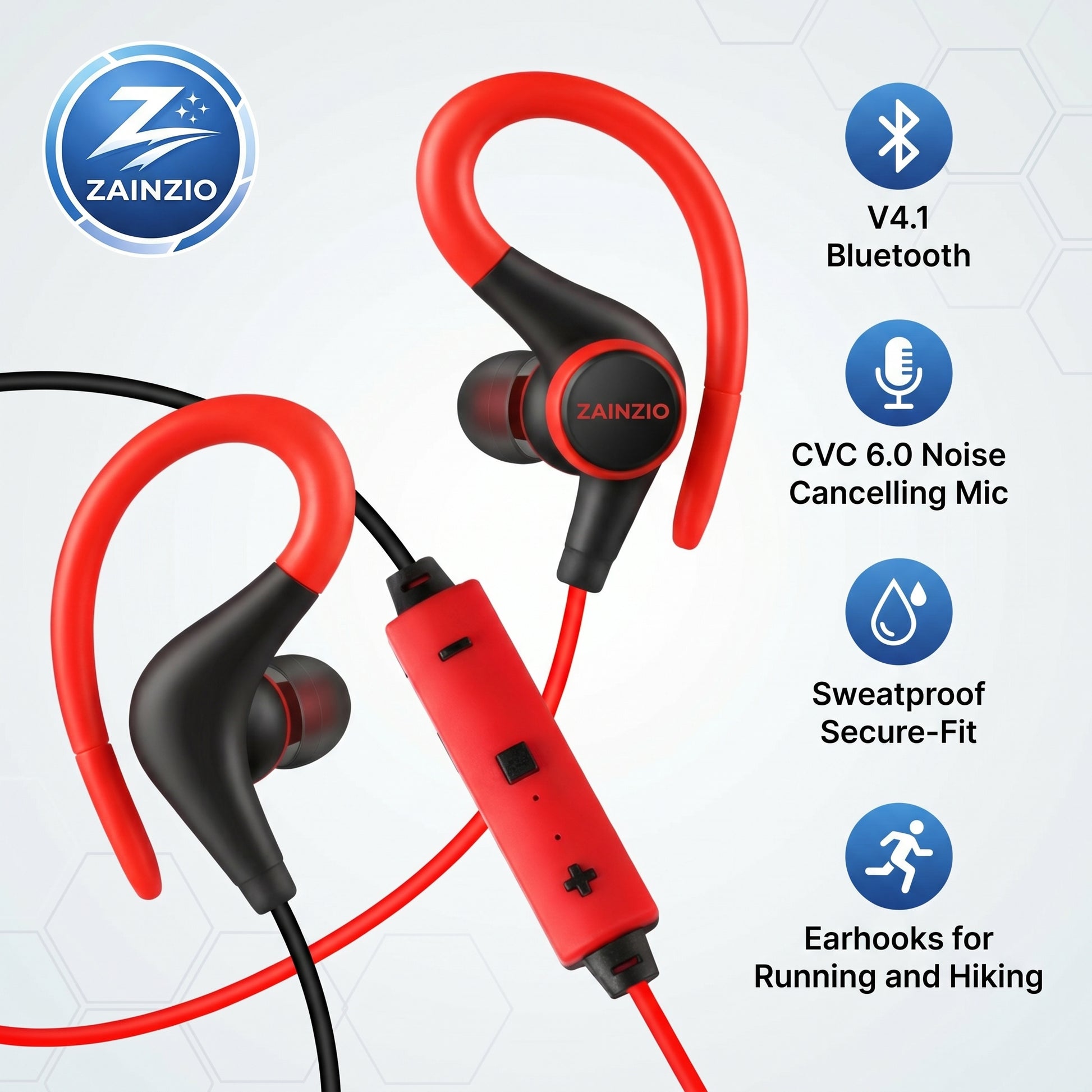 Red and black Bluetooth earbuds with Zainzio branding on a white background