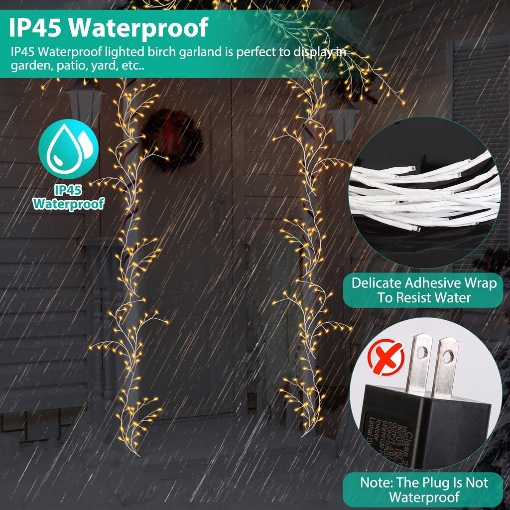 IP45 waterproof lighted birch garland with adhesive wrap for outdoor use on a roof.
