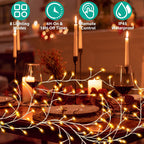 Warm white tree-style string lights draped across a dinner table setting with candles, wine glass, plates, and table decor. Four teal feature icons at the top read 8 Lighting Modes, 6H-On & 18H-Off Timer, Remote Control, and IP45 Waterproof.