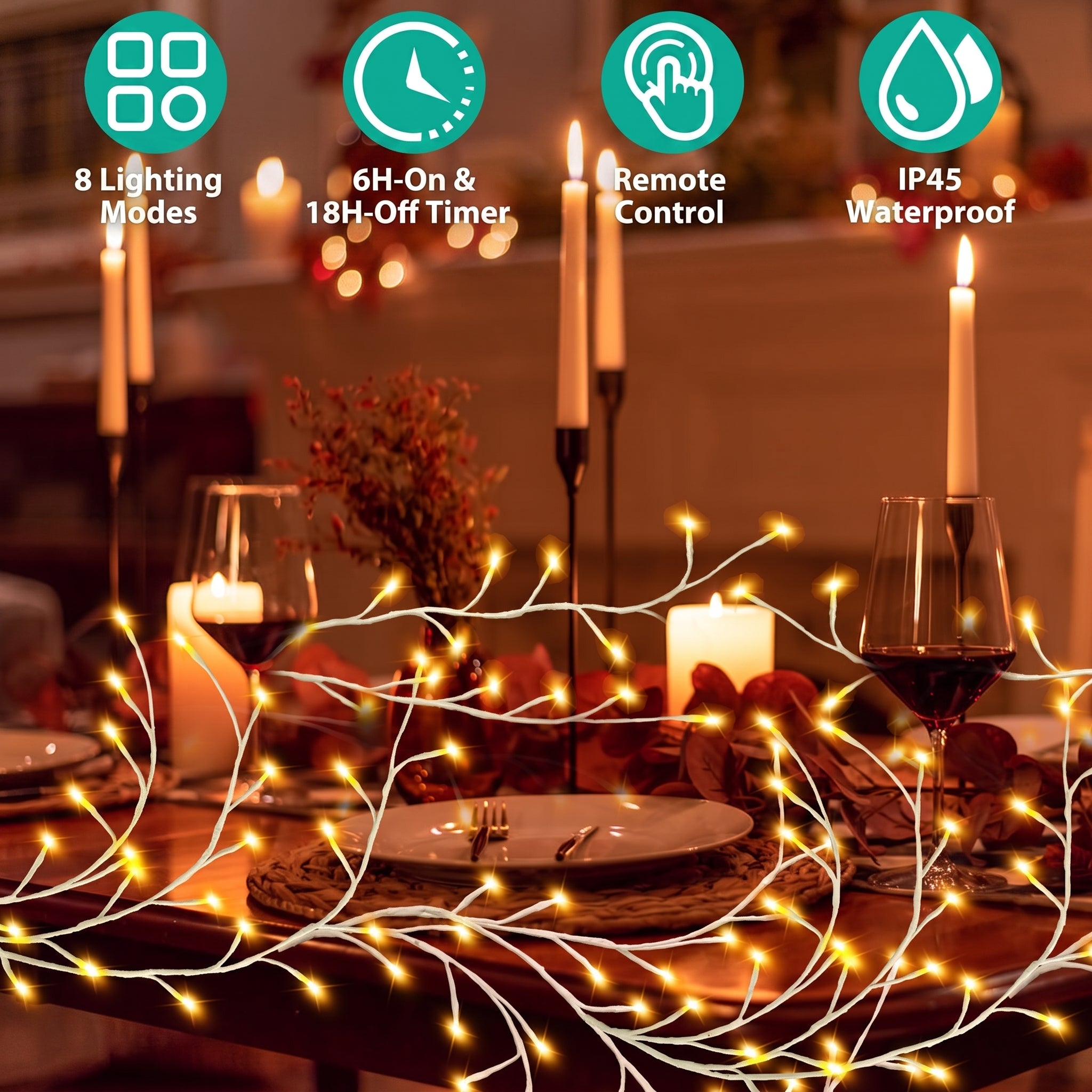 Warm white tree-style string lights draped across a dinner table setting with candles, wine glass, plates, and table decor. Four teal feature icons at the top read 8 Lighting Modes, 6H-On & 18H-Off Timer, Remote Control, and IP45 Waterproof.