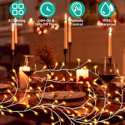 Warm white tree-style string lights draped across a dinner table setting with candles, wine glass, plates, and table decor. Four teal feature icons at the top read 8 Lighting Modes, 6H-On & 18H-Off Timer, Remote Control, and IP45 Waterproof.