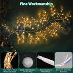 Warm white LED branch string lights with multiple flexible branches, shown lit against a dark background with text reading 'Fine Workmanship' and four feature callout panels at the bottom.
