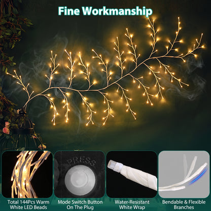 Warm white LED branch string lights with multiple flexible branches, shown lit against a dark background with text reading 'Fine Workmanship' and four feature callout panels at the bottom.