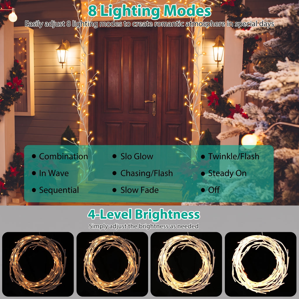 Decorative string lights shown draped around a front door and Christmas tree, with text overlays describing 8 lighting modes and 4-level brightness, plus four circular close-ups of the light strands at the bottom.