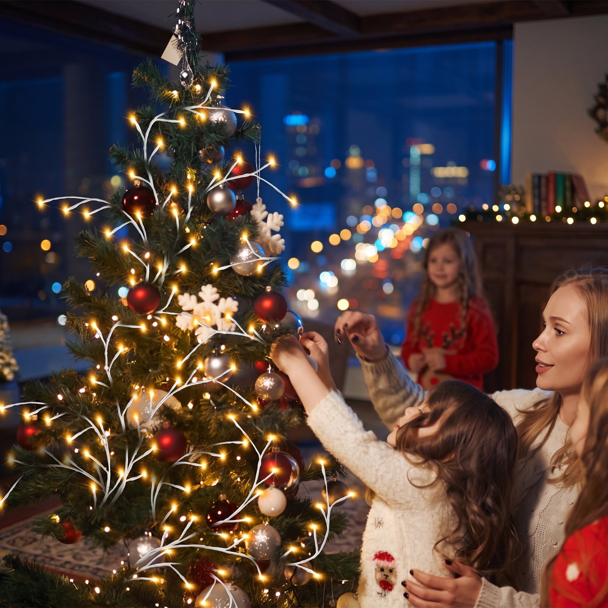 A woman and two children decorate a lit Christmas tree in a cozy living room at night, with city lights blurred in the background.