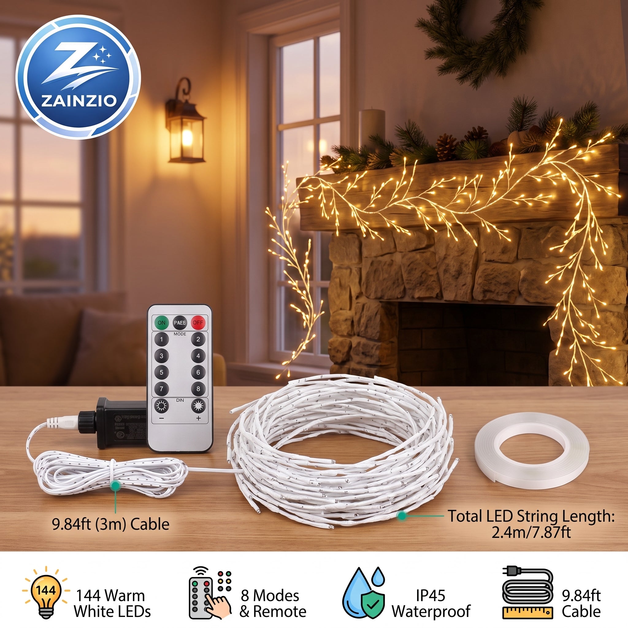 Zainzio Christmas string lights set shown on a tabletop with the remote control, coiled white cable, roll of tape, and a fireplace background lit with warm yellow lights. The image includes feature icons and text noting 144 warm white LEDs, 8 modes & remote, IP45 waterproof, and 9.