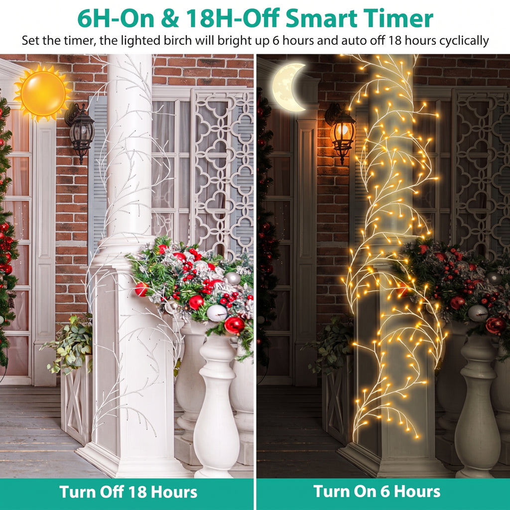 A side-by-side comparison graphic showing a decorative white birch tree porch light in two settings: left side off, with text 'Turn Off 18 Hours,' and right side on, with text 'Turn On 6 Hours.' The right side shows warm white string lights wrapped around the tree, casting a golden glow on a brick house porch at night.