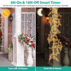 A side-by-side comparison graphic showing a decorative white birch tree porch light in two settings: left side off, with text 'Turn Off 18 Hours,' and right side on, with text 'Turn On 6 Hours.' The right side shows warm white string lights wrapped around the tree, casting a golden glow on a brick house porch at night.