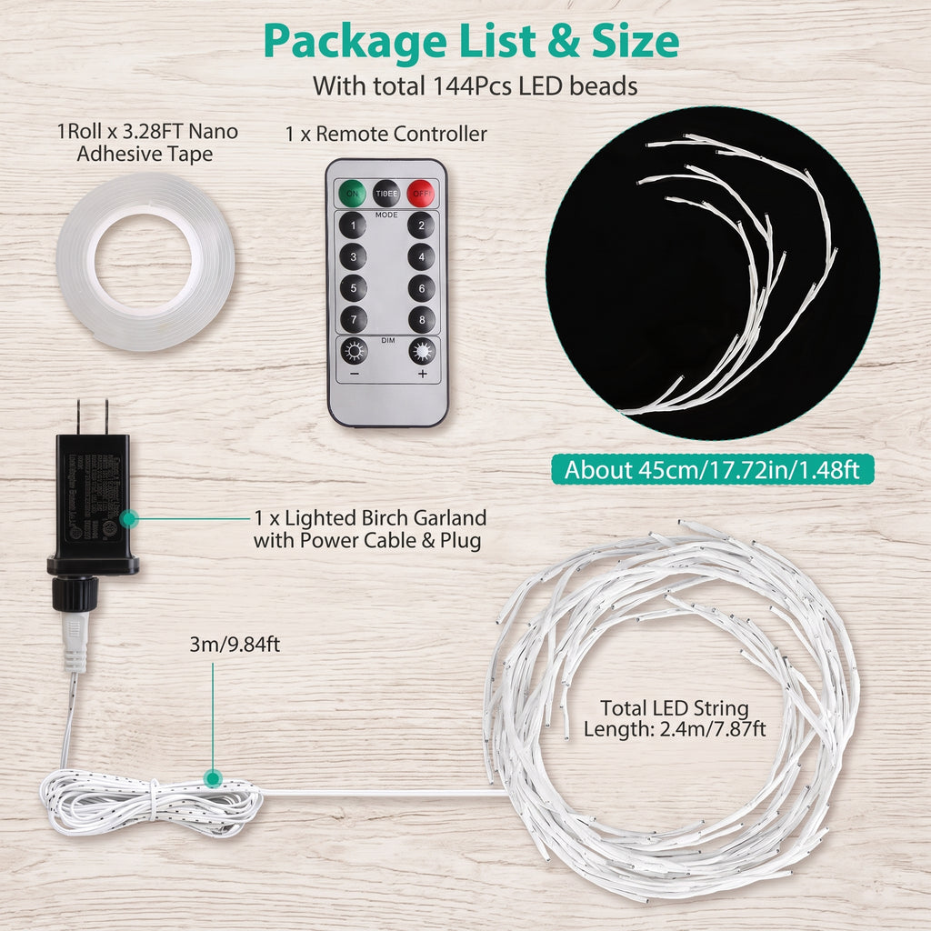 Package list and size diagram for a lighted birch tree garland set, showing included items: a roll of white adhesive tape, a remote controller, a power adapter, the coiled white LED garland, and a black circle preview of the lit branches. Text labels indicate lengths and quantities on a light wood background.