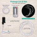 Package list and size diagram for a lighted birch tree garland set, showing included items: a roll of white adhesive tape, a remote controller, a power adapter, the coiled white LED garland, and a black circle preview of the lit branches. Text labels indicate lengths and quantities on a light wood background.