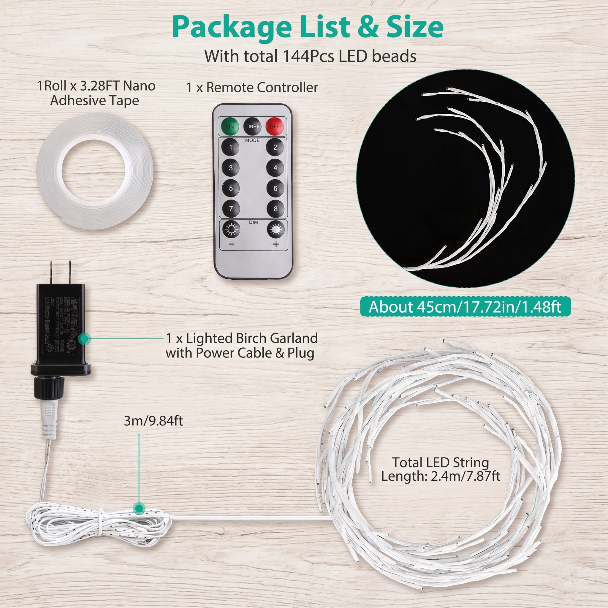 Package list and size diagram for a lighted birch tree garland set, showing included items: a roll of white adhesive tape, a remote controller, a power adapter, the coiled white LED garland, and a black circle preview of the lit branches. Text labels indicate lengths and quantities on a light wood background.