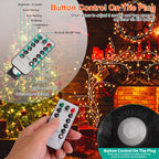 A hand holds a white remote control with black buttons and green/red buttons, shown over a collage of Christmas lights on a tree and in a fireplace. Text labels explain button controls, and inset graphics show the remote and a close-up of the plug button.