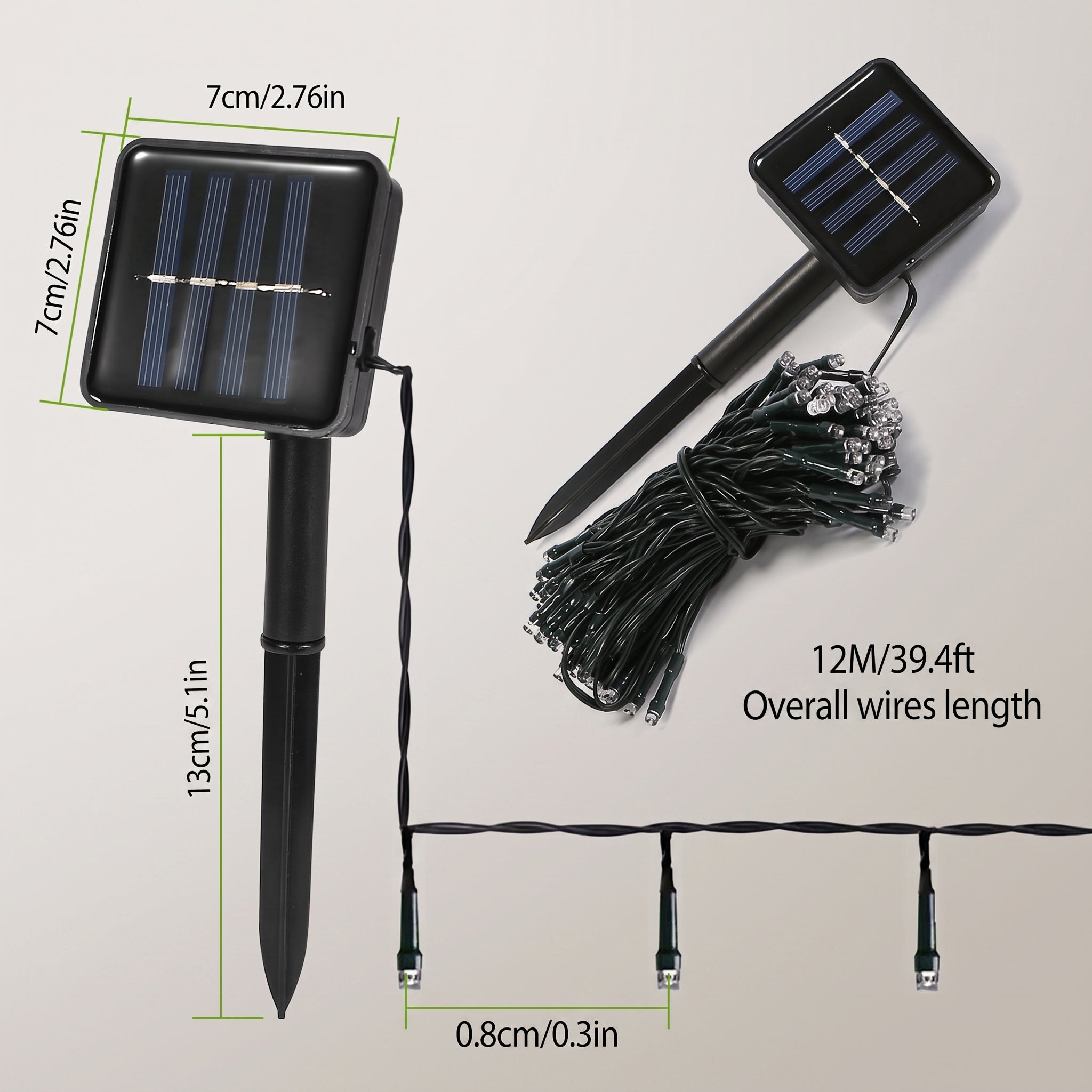 Solar garden stake light shown with dimension labels, including a single assembled unit, a coiled bundle of black wires, and a string of small bulbs. Text on the image reads 7cm/2.