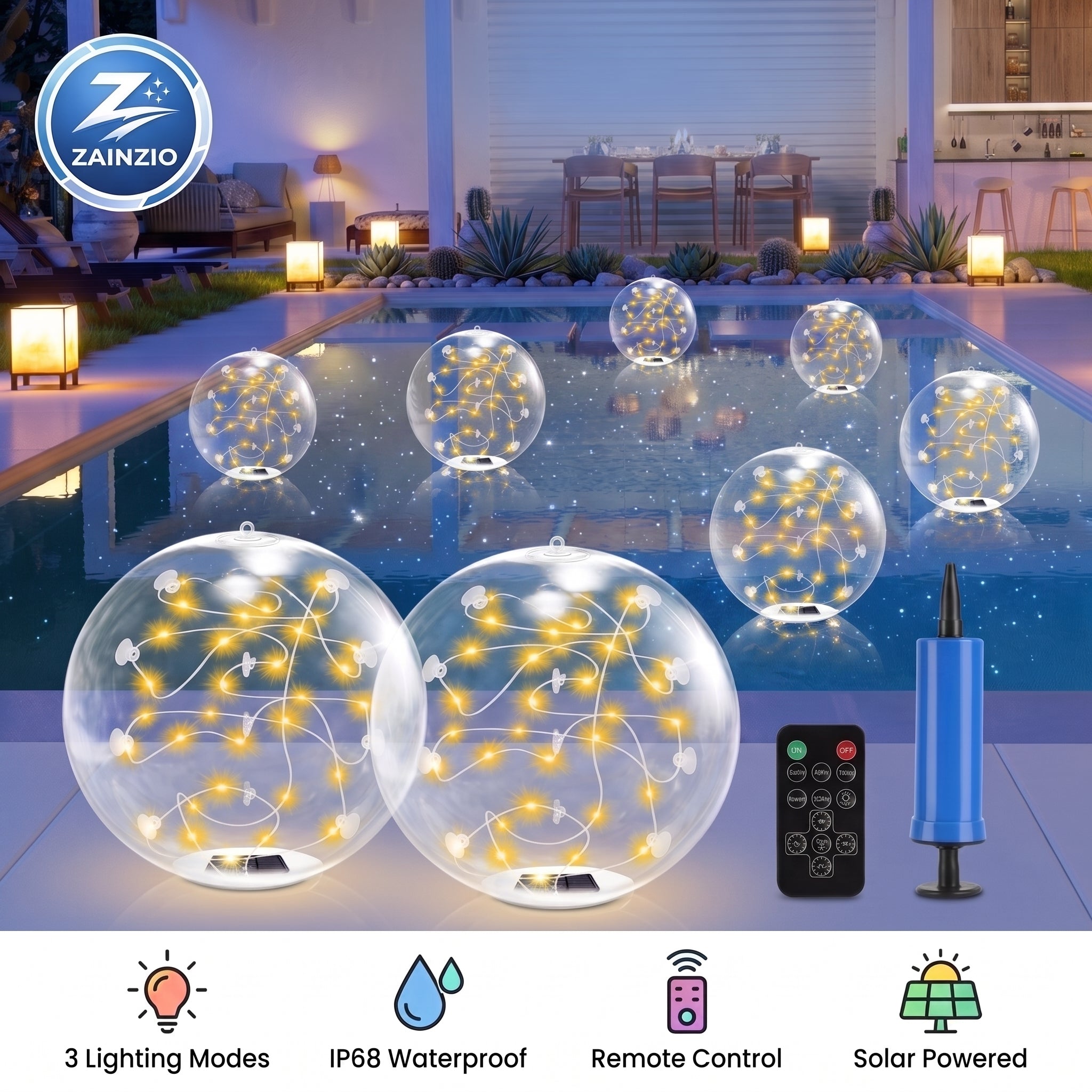 Solar-powered floating LED fairy lights in clear spherical balloons, shown floating on a swimming pool at night with a remote control, blue hand pump, and product features icons. A ZAINZIO brand logo is visible in the top left.
