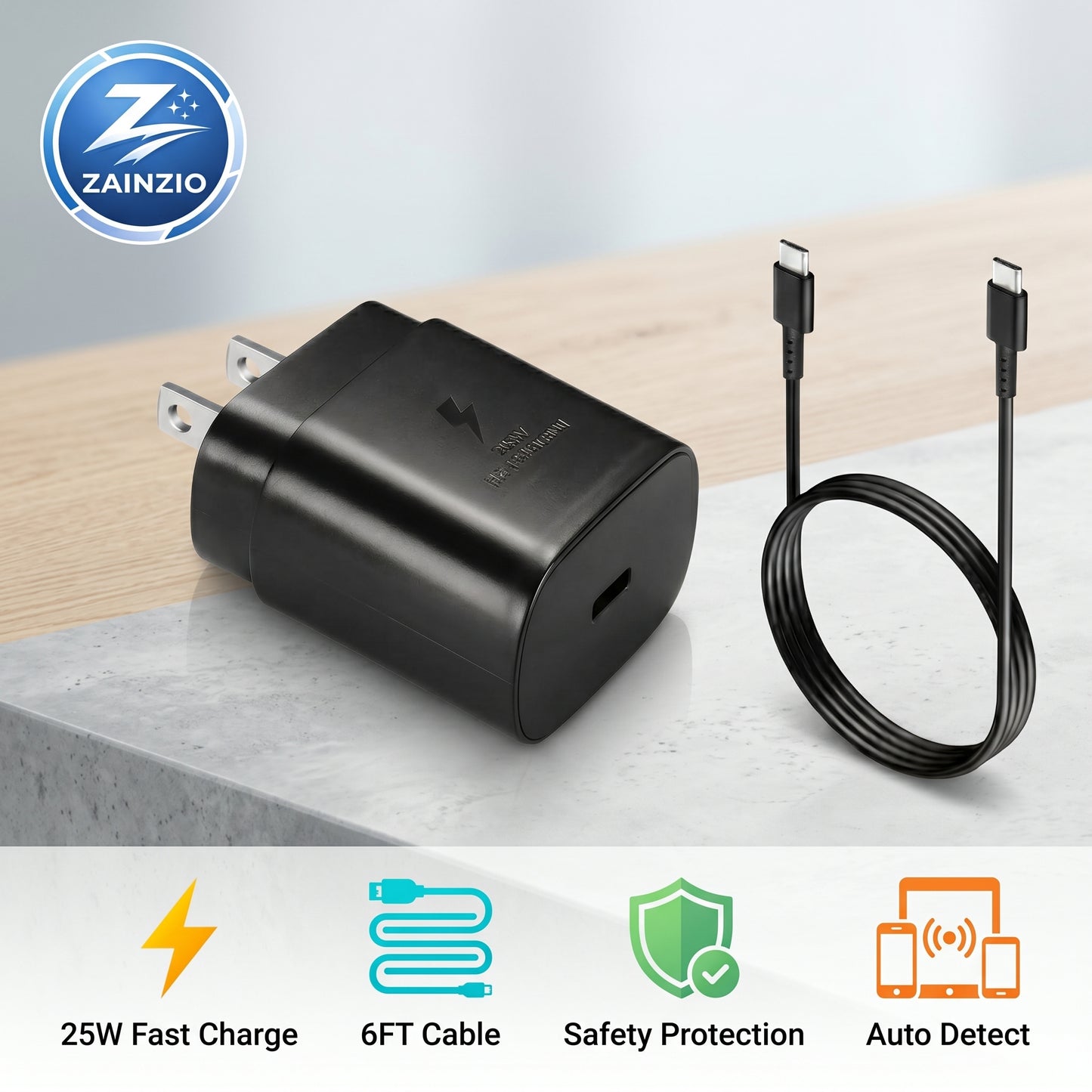A black ZAINZIO 25W wall charger and coiled 6FT USB-C cable. Icons indicate: 25W Fast Charge, 6FT Cable, Safety Protection, Auto Detect.