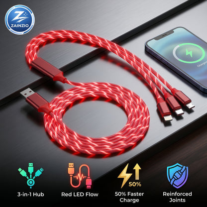 A red LED flow 3-in-1 charging cable is coiled, with one end plugged into a phone. Features highlighted: ZAINZIO, 3-in-1 Hub, Red LED Flow, 50% Faster Charge, Reinforced Joints.